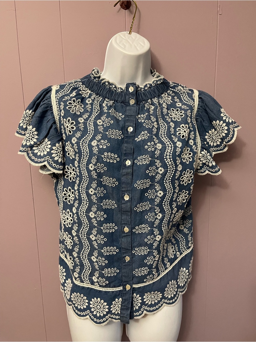 Women's Indigo Embroidered Button-Down Blouse